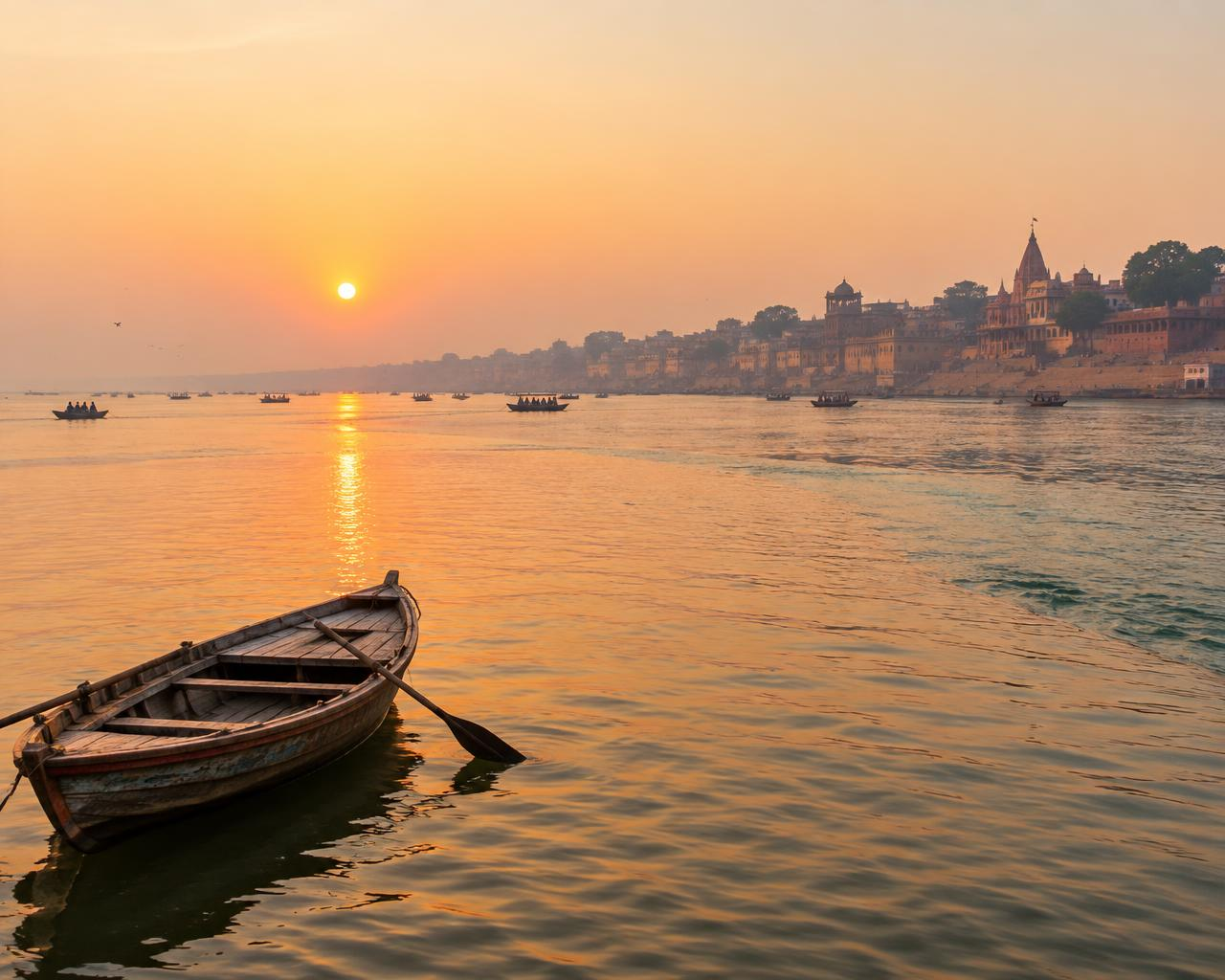 A wooden boat on a peaceful river at sunrise